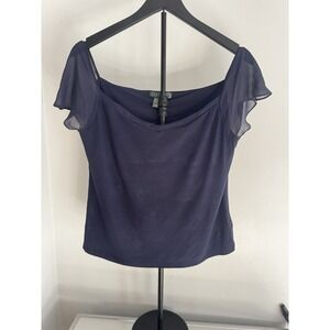 Lauren Ralph Lauren Top XL Navy Sheer Flutter Sleeve Off Shoulder Stretch Blouse
